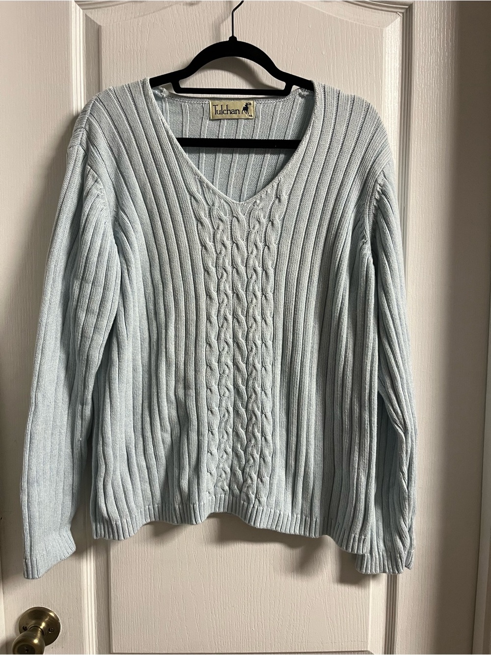 Light Blue Cable-Stitch V-Neck Sweater by